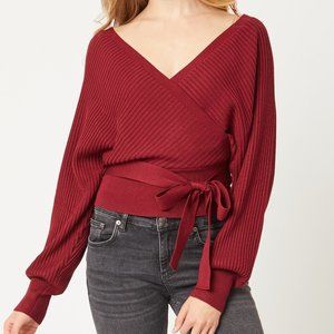 Burgundy Ribbed Knit V-Neck Sweater